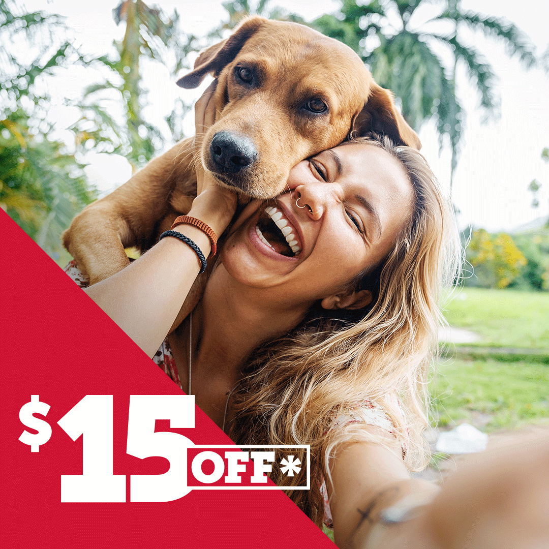 Laughing blonde woman taking a selfie with her dog outdoors